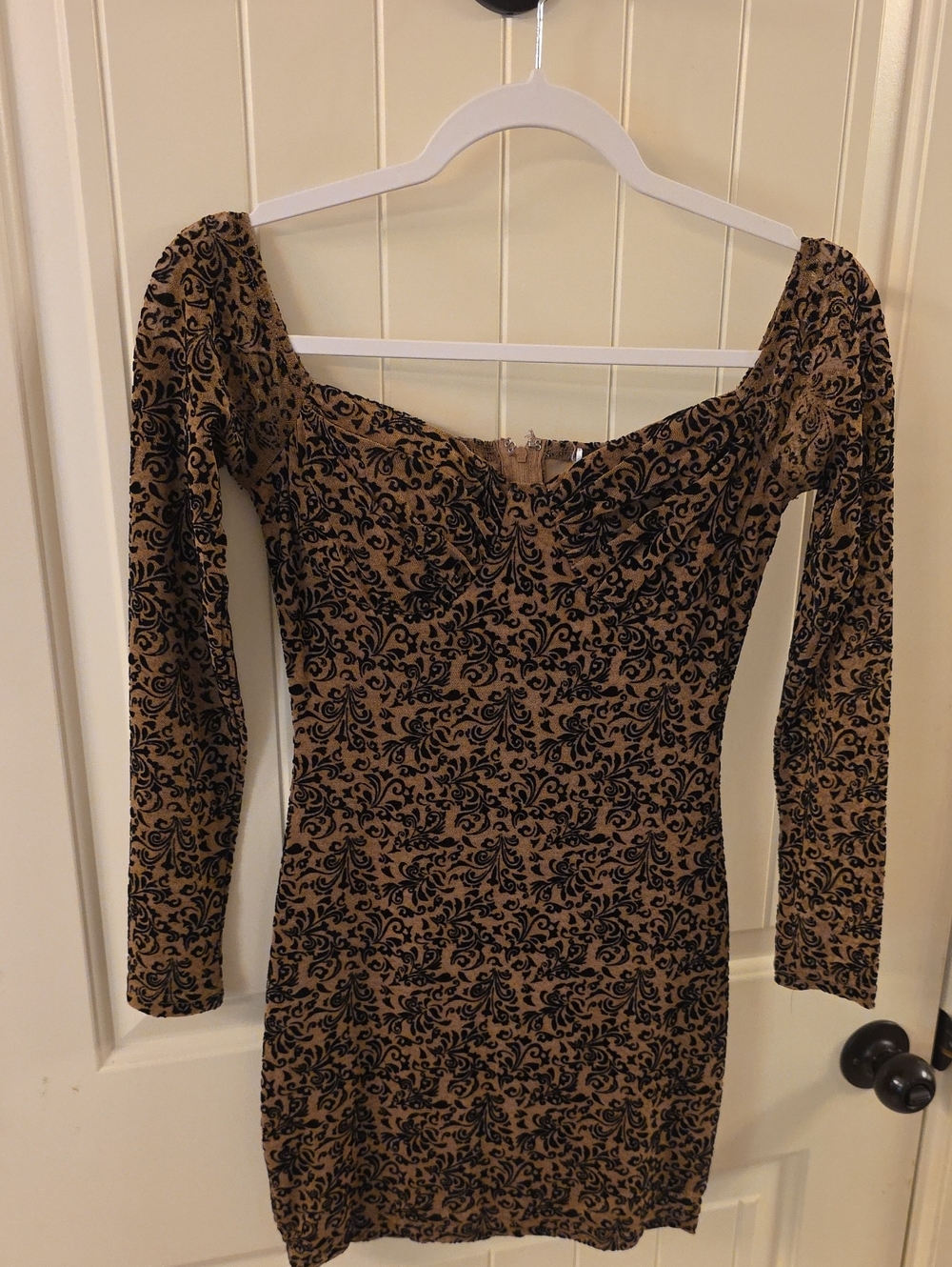 Windsor Black & Tan Off-Shoulder Flocked Mini Dress